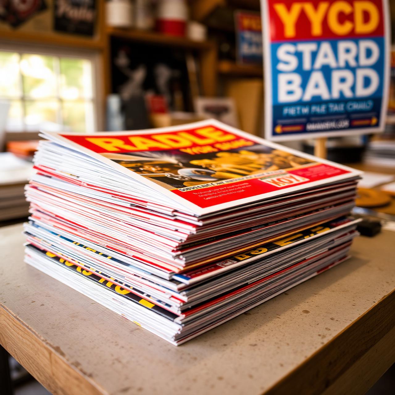 Stack of freshly printed flyers and yard signs at DBA Business Centre